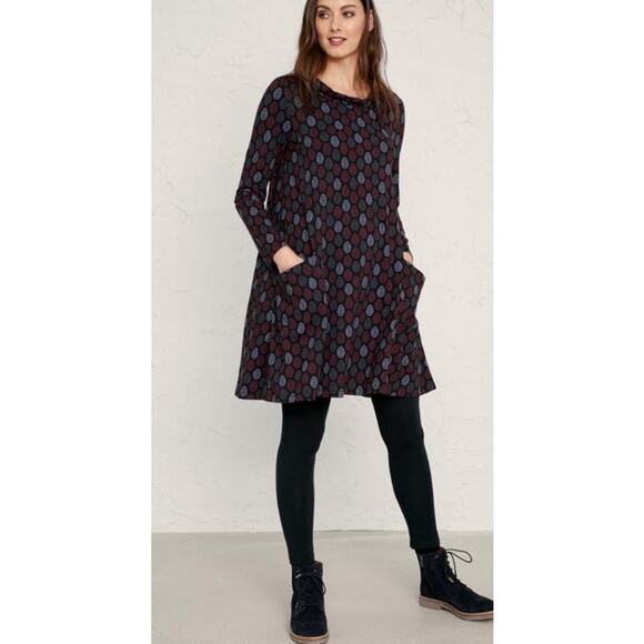 Seasalt Cornwall Womens Sea Oak Swing Dress 8 Black Leaf Print Pockets Cotton - Picture 1 of 10